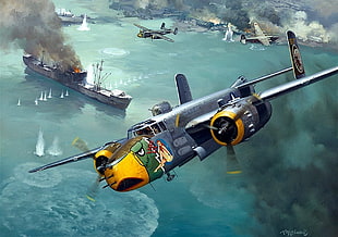 gray and yellow plane, World War II, military aircraft, aircraft, Mitchell