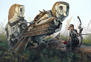 brown and white owl game illustration, owl, futuristic