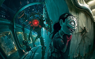 female zombie leaning on wall illustration, BioShock, Little Sister, Big Daddy, Rapture