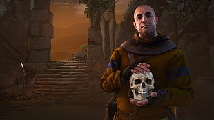 men's brown jacket and human white skull, The Witcher, The Witcher 3: Wild Hunt, Geralt of Rivia, DLC