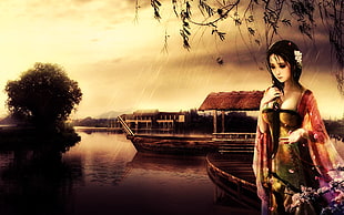 black haired woman wearing brown dress standing near body of water illustration