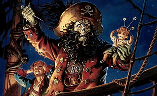 Pirate holding puppet illustration, Monkey Island