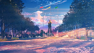 statue center on green trees painting, clouds, statue, flag, bench