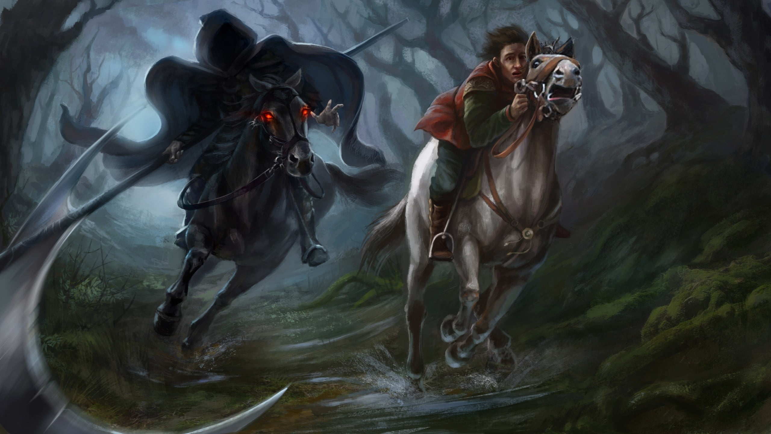 two person riding horses in forest, artwork, fantasy art HD wallpaper.