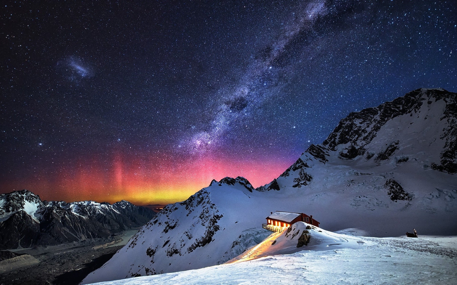 photo of brown wooden house on top of snowy mountain, nature, mountains, snow, stars