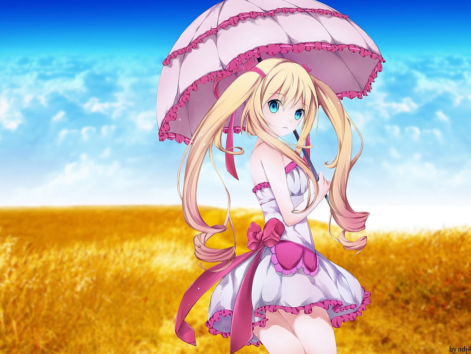 female Anime character with pink umbrella HD wallpaper