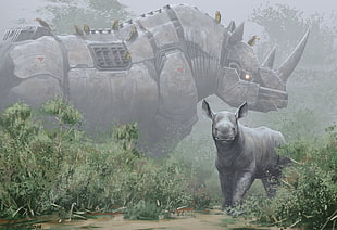 rhino painting, rhino, science fiction HD wallpaper