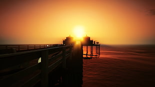 brown wooden dock, Grand Theft Auto V, in-game, environment, sunset