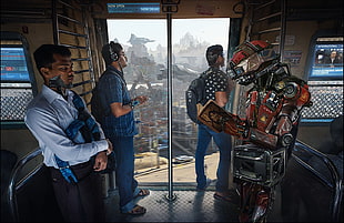 man standing near door, futuristic, cyborg, futuristic city, digital art HD wallpaper