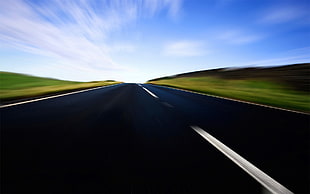 black and yellow plastic toy, landscape, road, motion blur HD wallpaper
