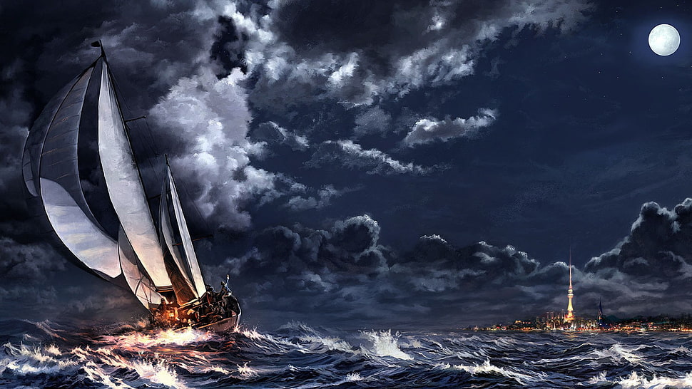 galleon ship illustration, painting, artwork, sea, ship HD wallpaper