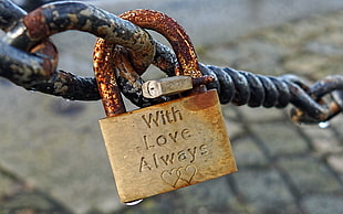 shallow focus photography of gray steel with love always engrave padlock HD wallpaper