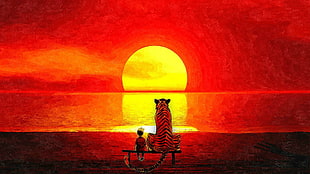 tiger and boy sitting on bench during sunset painting, Calvin and Hobbes, artwork