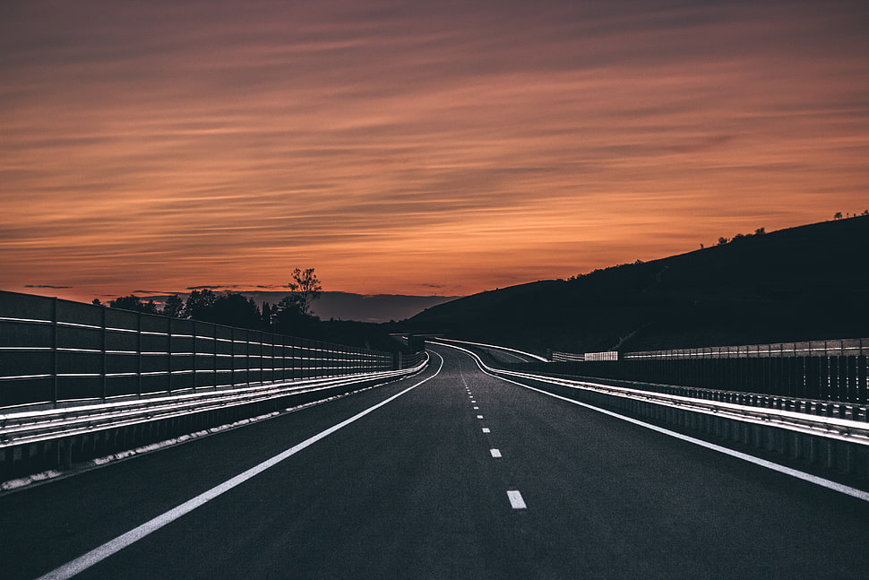 black asphalt road, photography, sunset, clouds, evening HD wallpaper
