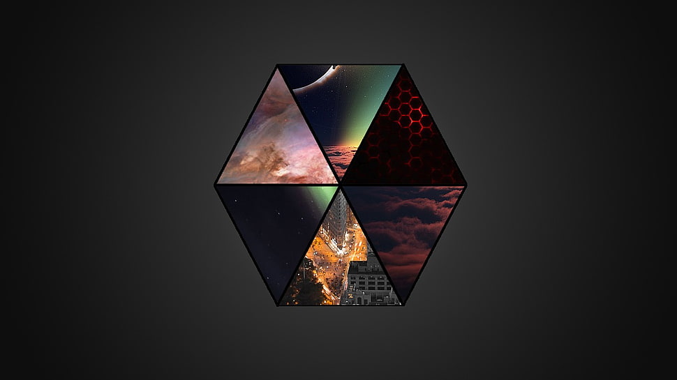 hexagonal clouds graphic wallpaper, hexagon, cityscape, triangle, clouds HD wallpaper