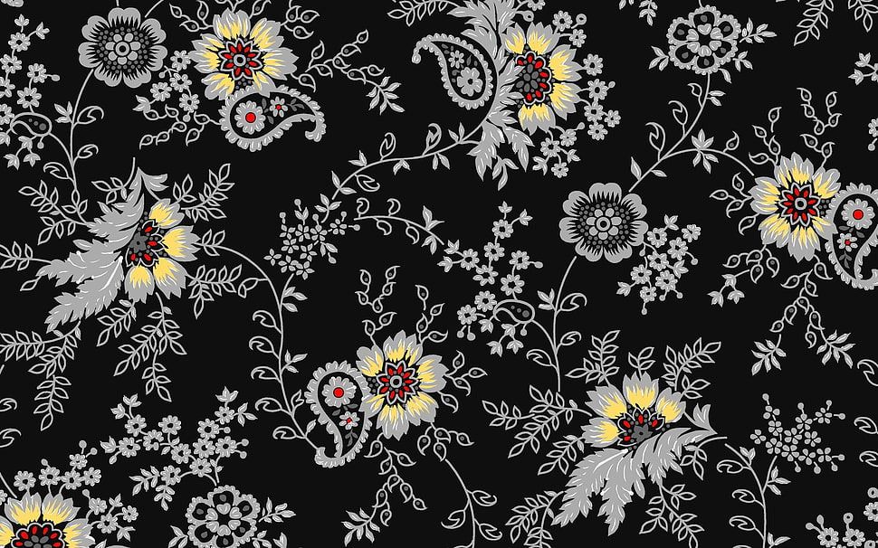 black, gray, and yellow floral illustration HD wallpaper
