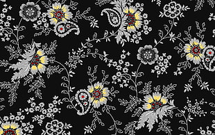black, gray, and yellow floral illustration