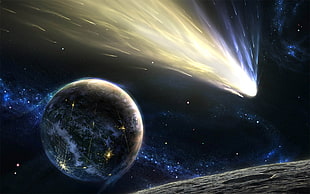 yellow and white meteor illustration, planet, space art HD wallpaper