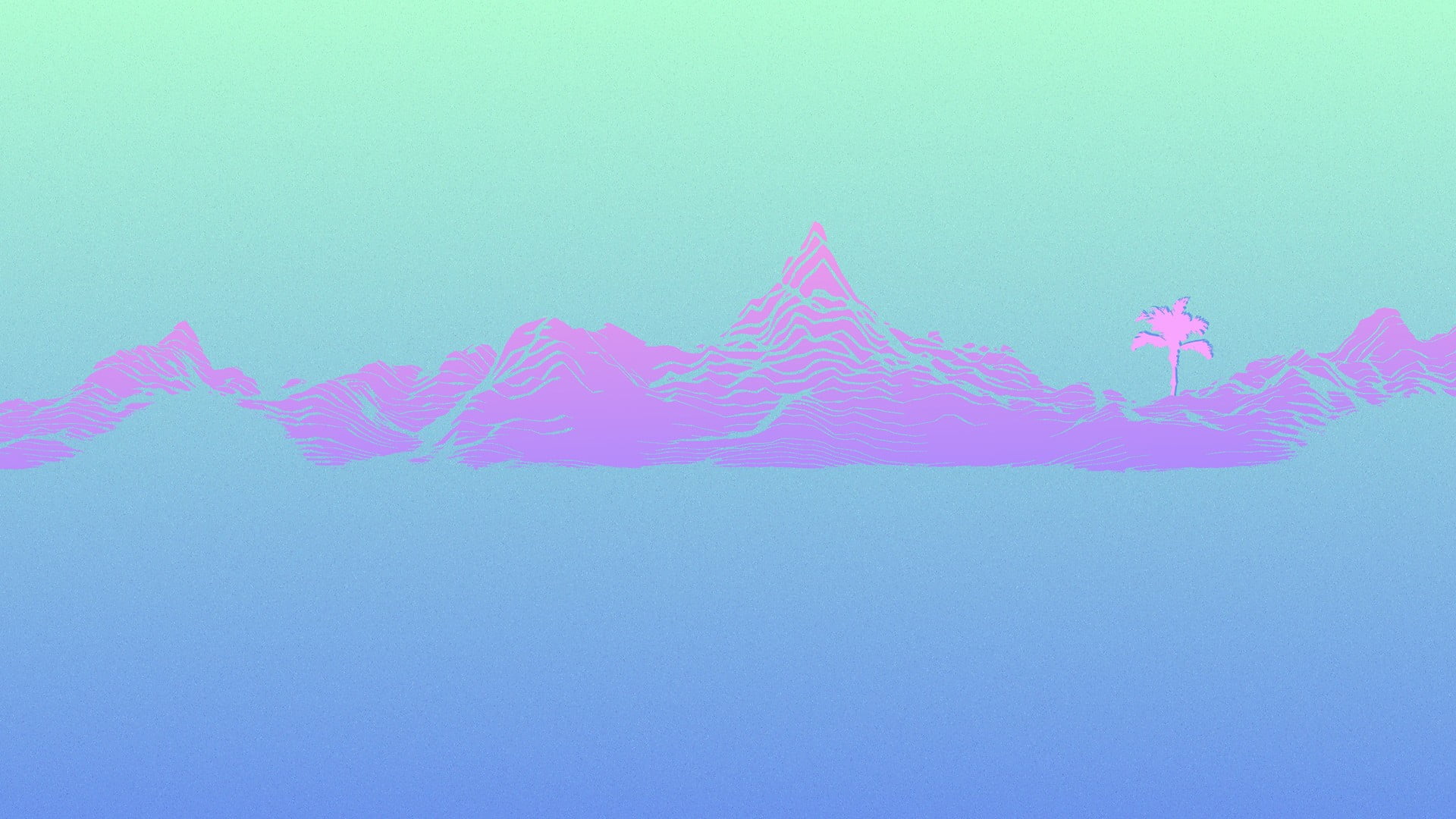 tropical island minimalist digital wallpaper, neon, mountains