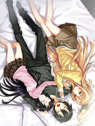 male between two female anime characters laying on bed