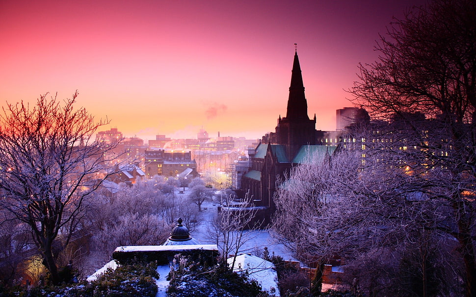 buildings under orange sky wallpaper, photography, winter, trees, snow HD wallpaper