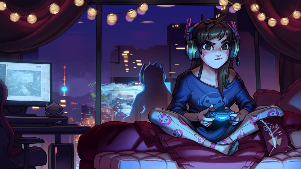 girl anime playing video games painting, Overwatch, D.Va (Overwatch) HD wallpaper