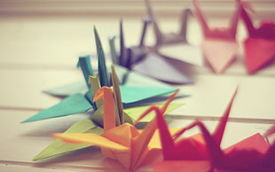 assorted-color origami lot, paper cranes, colorful, depth of field, origami