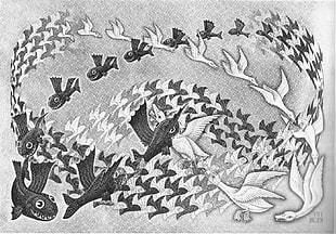flying swams sketch, artwork, M. C. Escher, monochrome, psychedelic