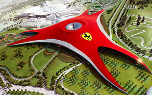 red and black car bed frame, Ferrari World, Ferrari, Abu Dhabi, building