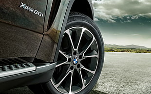 black BMW car wheel with tire HD wallpaper