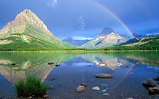 brown and green rock mountain photo, rainbows, mountains, nature, reflection