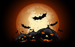 black Jack'-o'lanterns clip art, Halloween, bats, pumpkin, Moon