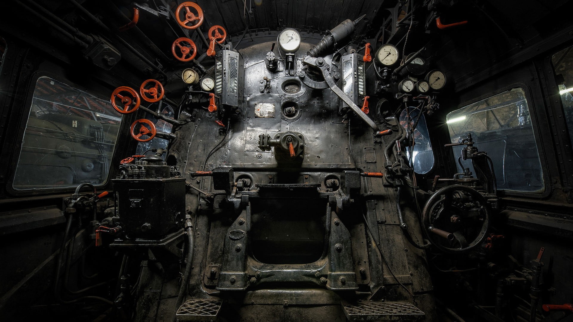 vintage gray train control panel, train, steam locomotive, photography, vehicle interiors