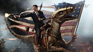 man riding on raptor poster, humor, digital art, Ronald Reagan, flag