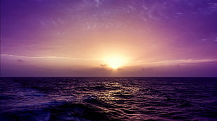 yellow sun, color correction, sunset, sea, waves HD wallpaper