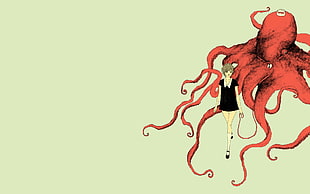 woman anime character standing near red octopus