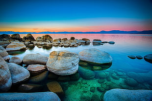 brown rock, landscape, coast, lake, rocks HD wallpaper