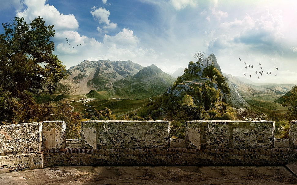 white ledge in front of mountain range HD wallpaper