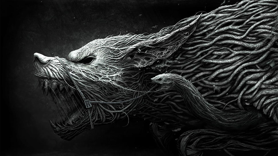 gray wolf and snake wallpaper, fantasy art, artwork HD wallpaper