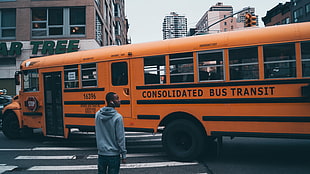 orange bus, New York City, buses, Harlem, street