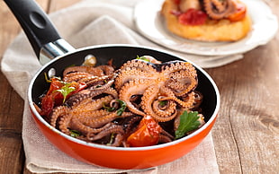 orange frying pan, food, octopus