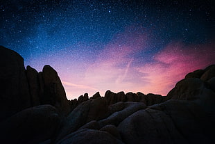silhouette of rocks, Starry sky, Night, Radiance HD wallpaper