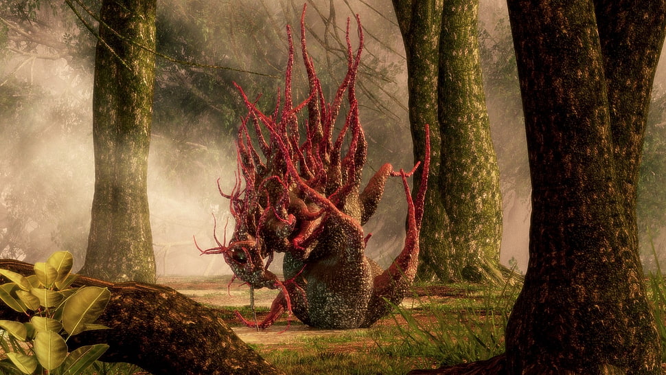 brown and red tree painting, creature, trees HD wallpaper