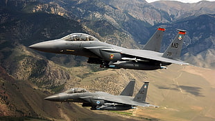 two gray fighter planes, military aircraft, airplane, jets, sky