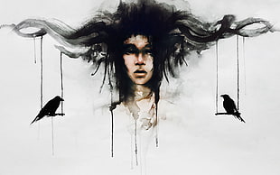 black and white feather dream catcher, birds, dark hair, hair  , artwork HD wallpaper