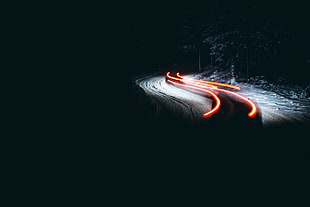 icy road, dark, night, road, long exposure HD wallpaper