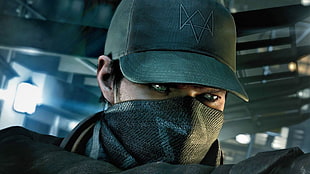 closeup photo of man wearing cap and mask game