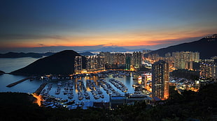 night cityscape, Hong Kong, harbor, mountains, sunset