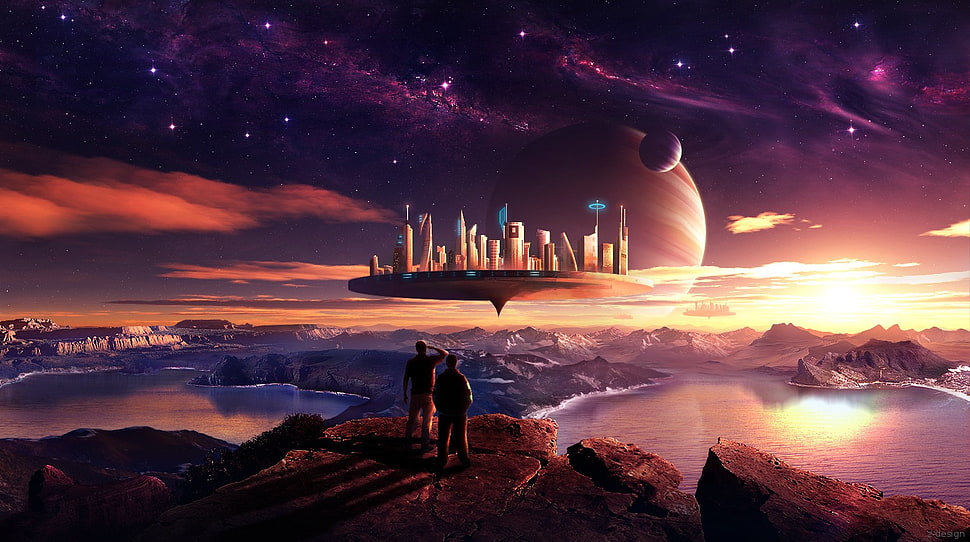 floating city illustration, planet, science fiction, space art, futuristic city HD wallpaper