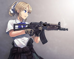yellow haired female character holding black assault riffle